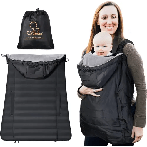 Orzbow Winter Baby Carrier Cover with Detachable Hood, Waterproof & Windproof, Universal for Baby Carriers and Baby Waist Stool, Baby Bunting Bag for Car Seats and Strollers with Storage Bag, Black