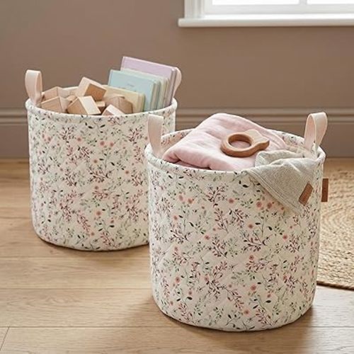 Floral Quilted Block Print Baby & Kids Nursery Storage Bin Basket Soft Quilted, Collapsible, Machine Washable Laundry Bag, Toy Storage, Diaper Caddy, Accessory Organizer, Baby Gift (Leaves)