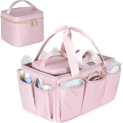 Fasrom Breast Pump Caddy Organizer Bag with Cooler Compatible with Spectra S1 and S2, Pumping Tote Bag Baby Diaper Storage Basket to Hold Pump Parts and Baby Items, Pink (Patent Design)
