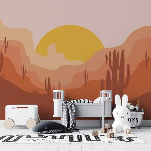 Desert Cactus Wallpaper Mural - Orange Sunset Peel and Stick Wallpaper-C455