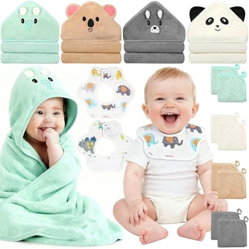14 Pcs Baby Towels, Soft Baby Towel and Washcloths Set, 4 Pcs 32x32 in Hooded Bath Towel, 8 Pcs Baby Washcloths and 2 Pcs Cotton Baby Bibs for Newborns, Toddlers, and Kids for Boys and Girls