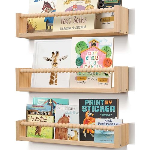 Nursery Book Shelves for Kids Rooms with Beads Set of 3,Wooden Floating Wall Bookshelves for Kids (Set of 3 Natural)