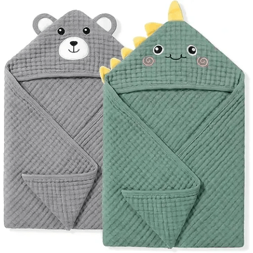 4 PCS Muslin Baby Bath Towels Set, 100% Cotton 2 PCS Animal Hooded Baby Towels 32x32 Inch & 2 PCS Washcloths, Ultra Absorbent & Soft Infant Newborn Essentials Gifts for Boys & Girls, Dinosaur & Bear