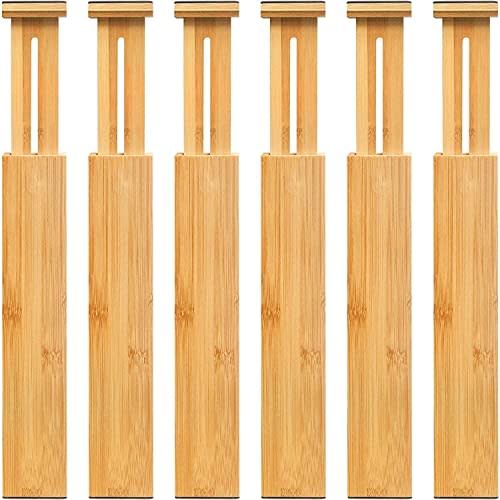 VaeFae 6-Pack Bamboo Drawer Dividers – Adjustable 14"-19.1" (Fits 15"-18" Drawers ONLY), Spring-Loaded Expandable Organizer for Kitchen, Bedroom, Office & Bathroom, MUST MEASURE Before Purchase