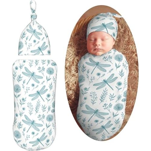 Blue Dragonfly Newborn Swaddle Blankets Hat Sets Soft Baby Receiving Blanket Swaddle Sack for Baby Shower Infant Boy Girl Gift