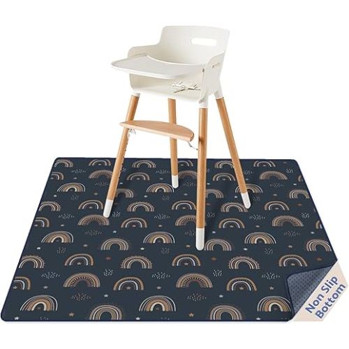 Blissful Diary Baby Splat Mat for Under High Chair, 50.4 x 50.4 Inch Wipeable Splash Mat, Waterproof and Washable, Anti-Slip Floor Protector, Retro Rainbow