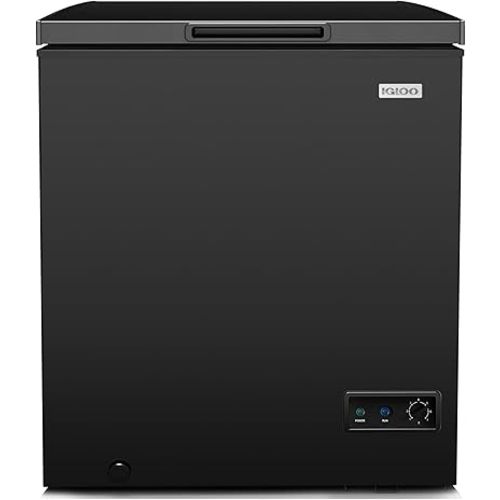 Igloo 5.0 Cu Ft. Upright Deep Freezer Chest- Deep Freezer with Quick Freezing System & Adjustable Thermostat- Low Noise Freezer with Removable Basket & LED Lights for Homes, Garages & Basements- Black