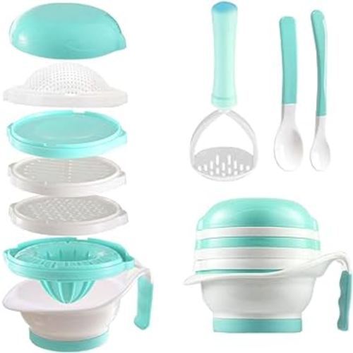 Matyz Versatile Baby Food Maker Set - Toddler Mill with Mash Bowl, Hand Masher, Citrus Juicer, Grater - Making Homemade Baby Food - Fruits and Vegetables Masher - No BPA (Mint Green)