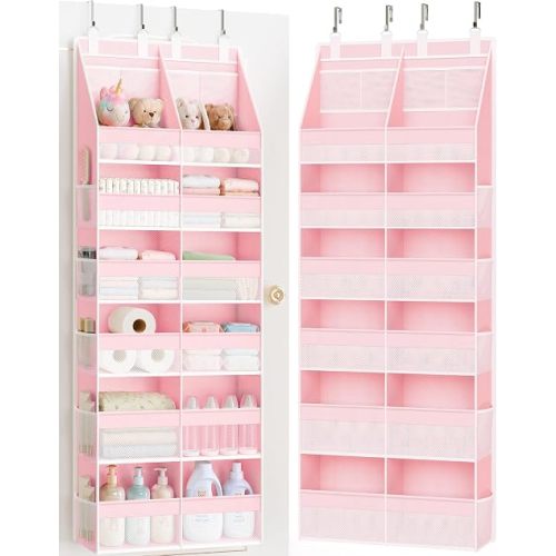 Over the Door Organizer, Extra Large 12 Compartments Closet Hanging Storage with 14 Mesh Pockets, 85lbs Capacity Behind the Door Storage for Baby Nursery, Bathroom, Bedroom, and Dorm, Pink