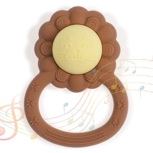 Dirbabi Rattle Teether, Lion Shape Montessori Baby Sensory Teething Toys, Food Grade Silicone BPA Free, Newborn Essentials Must Haves (Daffodil Clay)
