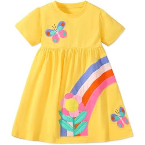 FreeLu Toddler Girls Striped Summer Dress Cartoon Appliques Dresses Girls Cotton Casual Clothing 2-7Y