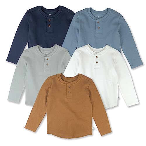 HonestBaby 5-pack Waffle Henley Long Sleeve Shirts 100% Organic Cotton for Infant Baby and Toddler Boys, Unisex