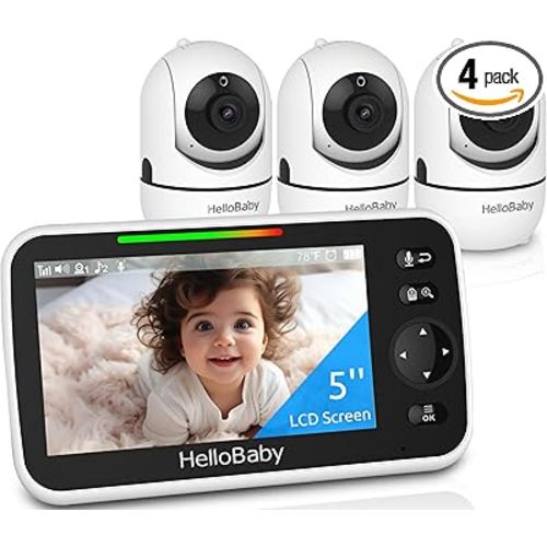 HelloBaby 5" Screen Baby Monitor with 3 Cameras - No WiFi HB6550 Video Baby Monitor, 1000ft Long Range, ECO, 26 Hour Battery, Pan-Tilt-Zoom Night Vision, Temperature Sensor & 2-Way Audio, 8 Lullabies