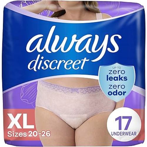 Always Discreet Adult Incontinence Underwear for Women and Postpartum Underwear, Size XL, Up to 100% Bladder Leak Protection, 17 Count