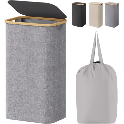 Lifewit 100L Laundry Basket with Lid, Clothes Hampers for Laundry with Bamboo Handles and A Removable Laundry Bag, Large Foldable Hamper for Bedroom, Bathroom, Dorm, Laundry Room, Light Gray