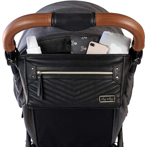 Itzy Ritzy Adjustable Stroller Caddy / Organizer - Stroller Organizer Bag Featuring Front Zippered Pocket, 2 Built-In Interior Pockets & Straps to Fit Nearly Any Model (Black with Gold Hardware)