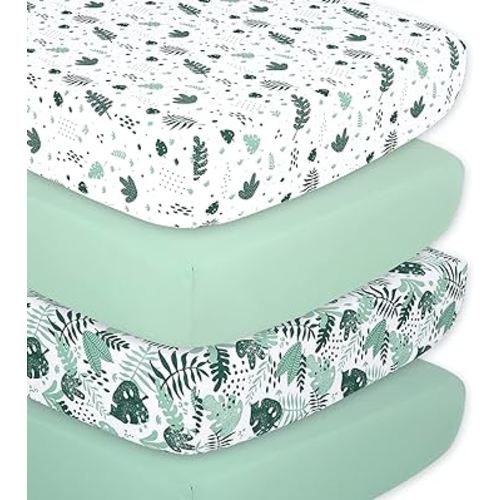 The Peanutshell Fitted Crib Sheets Set for Baby Boys or Girls, Unisex 4 Pack, Botanical Leaf & Pastel Green