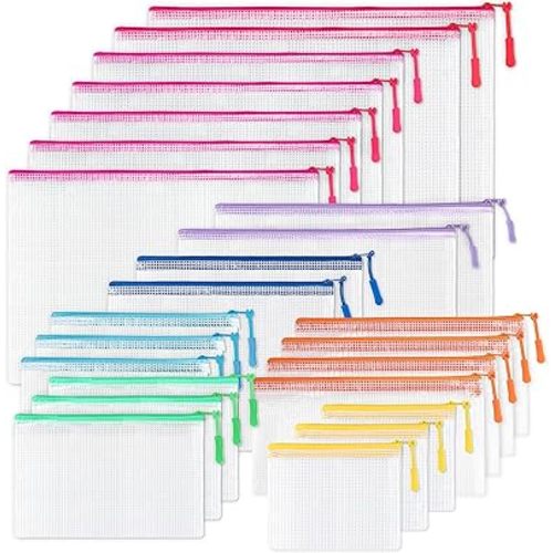 24 Pcs Mesh Zipper Pouch Bags, Plastic Zipper Pouches for Classroom in 8 Sizes, Waterproof Mesh Zipper Bags for Organizing, Clear Zipper Pouches for Organizing, Travel, Office Supplies