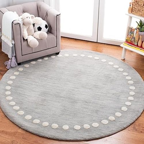 SAFAVIEH Kids Collection 5' Round Grey SFK802F Handmade Polka Dot Border Wool Area Rug