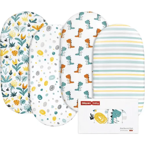 Gllquen Baby Bassinet Sheets 4 Pack, Breathable Cozy Fitted Mattress Sheet, Elastic Travel Crib Fashionable Floral Pattern, Standard Cradle Safe Sheets for Baby Boys Girls 32"x16"(Dinosaur)