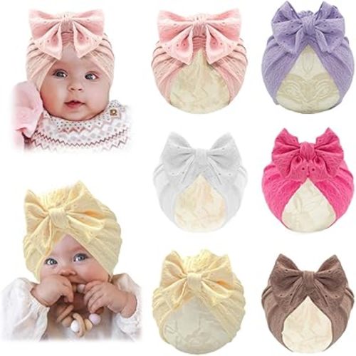 Baby Girls Hair Bow Turban Hat 6PCS Set, Top Bowknot Head Wrap Beanie India Caps for Infant Toddlers