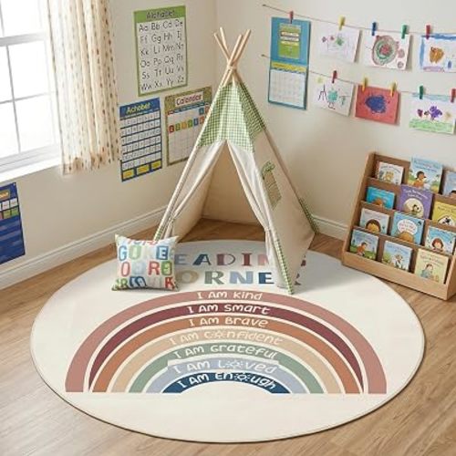 Round Classroom Rug 40 Inch Rainbow Classroom Reading Corner Rug, Washable Non Slip Playroom Nursery Carpet, Boho Colorful Polka Dots Learning Rugs for Reading Corner Preschool