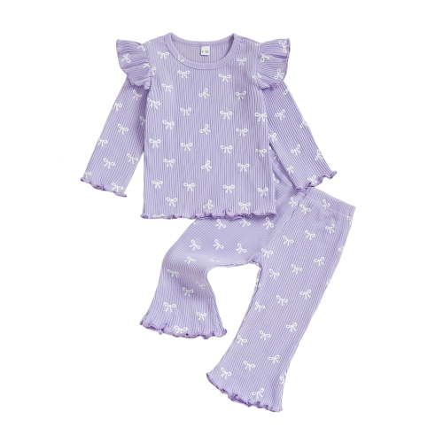 Loicainy Toddler Baby Girl Fall Outfits 6 12 182 4 Months 2T 3T 4T Bow Print Ribbed Long Sleeve Round Neck Pullover + Elastic Waist Flare Pants Clothes Set