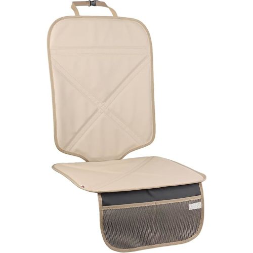 Viaviat Car Seat Protector Leather Waterproof Child Safety Seat Protector Cover with Thick Pad and 2 Large Pockets Durable Kick Mat for All Auto Seat (Beige)