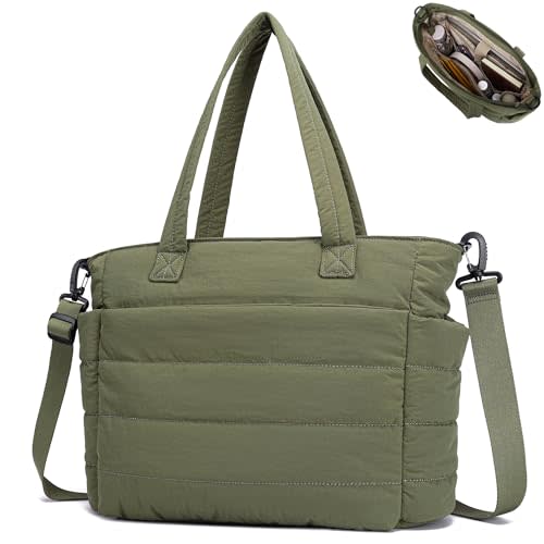 AOCINA Puffer Tote Bag for Women Work Lightweight Puffy Quilted Tote Laptop | Shoulder Handbag with Computer Compartment & Luggage Sleeve for Travel Nurse Teacher, Cozy Crossbody Purse for School College
