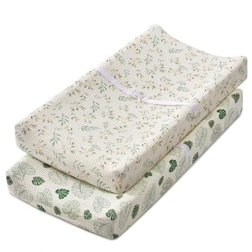 Blissful Diary Muslin Changing Pad Cover for Girls Boys, Ultra Soft Breathable Cotton, Baby Diaper Change Table Pad Covers, 2Pack (Leaf & Monstera Leaves)