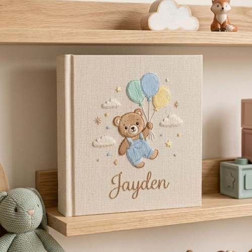 Personalized Baby Photo Album, Hand Embroidered Dinosaur Memory Book, Custom Name Keepsake, Woodland Nursery Gift, Newborn, Baby Shower Gift – Jennings Print House LLC