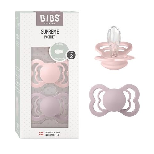 BIBS Supreme Baby Pacifiers | BPA-Free Silicone Pacifier | Made in Denmark | Set of 2 Soothers (Blossom/Dusky Lilac, 6-18 Months)