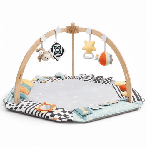 Wooden Baby Play Mat with Foldable Raised Edges,Tummy Time Gym Mat ,6 Detachable Toys for Infant Toddler