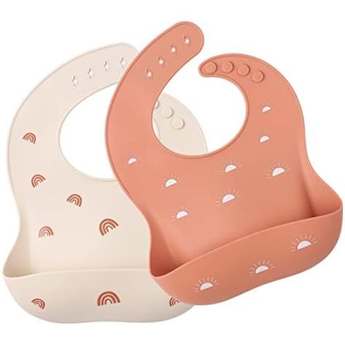 Baby Silicone Bibs 2 Sets Baby Bibs with Food Catcher for Girls Boys Toddlers BPA Free Waterproof Soft Durable Adjustable for Babies-Shifting Sand/Pale Mauve