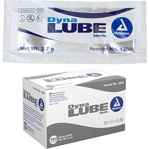 Dynarex DynaLube Lubricating Jelly, Water Soluble and Sterile Lubricant Jelly, Used for Body Orifices, Hinged Instruments and Medical Devices, 1 Box of 144 DynaLube Packets, 2.7g