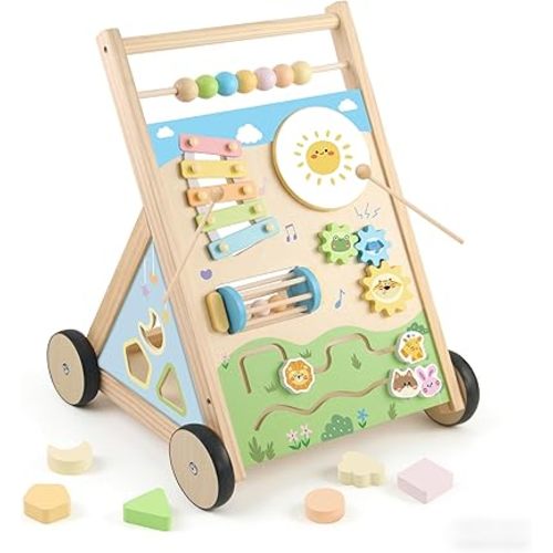 Wooden Baby Walker, Baby Walker with Wheels, Includes Montessori Sensory Toys and Activity Center, 6-18 Months for Boys and Girls