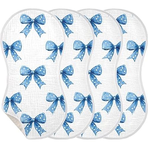 Mazeann Blue Ribbons Bow Cute Burp Cloths Baby Boys Girls Absorbent Soft Cotton Burping Cloths Rags, 4 Pack