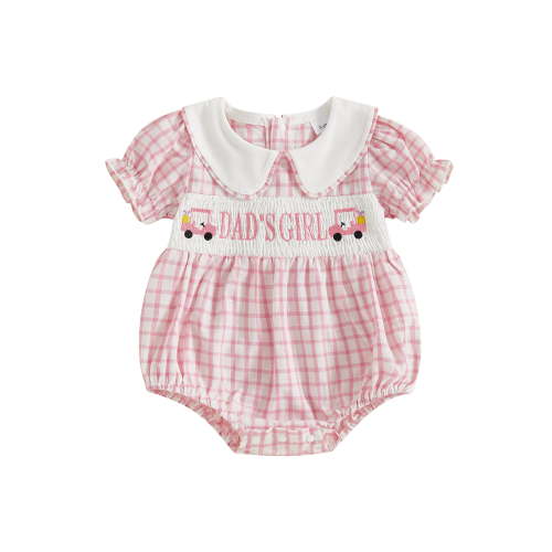 Suealasg Baby Girl Plaid Romper Golf Cart Letter Embroidered Short Sleeve Doll Collar Bodysuit Cute Summer Clothes