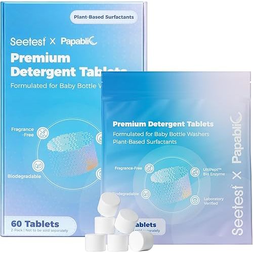 Papablic Upgraded 60Pcs Baby Bottle Washer Tablets, Plant-Based UltiPept Enzyme Formula, Deep Cleaning for Milk Residue & Odor, Gentle on Bottles & Pump Parts, Compatible with All Bottle Washers