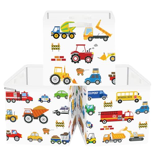 Clastyle 11.8" Car Storage Basket Set of 3 for Kid Boy Toy Clothes Bin | Collapsible Fabric Book Bin, Metal Frame Bottom Board, Cube Organizer, Closet Nursery Pantry Shelf Bedroom, City Truck