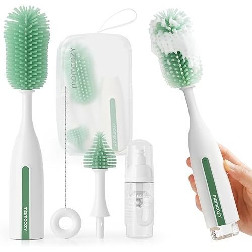 Momcozy Bottle Brush Kit Pro, Innovative Push-Press Design for Deep Cleaning - Bottle Cleaner Brush for Bottle/Breast Pumps/Nipple - Clog-Free Brush & Foam-Generating Design for Better Cleaning, Green