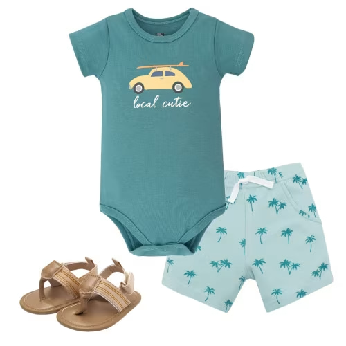 Hudson Baby Boy Cotton Bodysuit, Shorts and Shoe Set, Surf Car Local Cutie, 9-12 Months