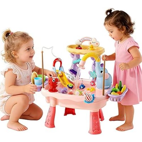 2027 Upgraded Toddlers 1-3 Water Table with Electric Pump, Kids Water Table with Faucet Play Food Accessories Fishing Toy, Kitchen Play Sink Toys for Girl Boy Age 4-8 (Pink)