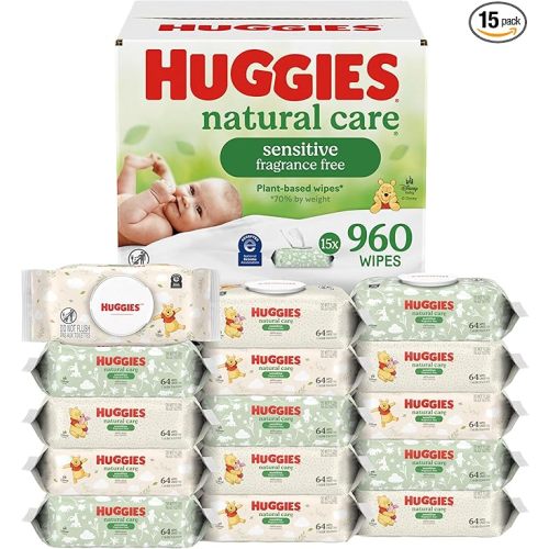Huggies Natural Care Sensitive Baby Wipes, Unscented, Hypoallergenic, 99% Purified Water, 15 Flip-Top Packs (960 Wipes Total)