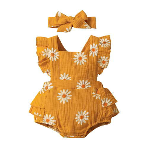 MHZLDYZ Baby Girl Onesies Newborn Baby Girl Clothes Daisy Print Crepe Fabric Baby Romper Set Infant Girl Outfits 2Pc Set Newborn Clothes Baby Onesies 3-6 Months Baby Onesies 3-6 Months(Gold,6-9M)
