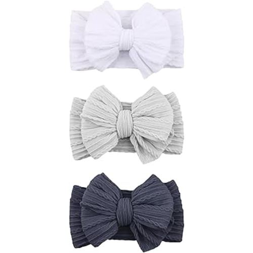 Baby Bows Headbands Nylon Hairbands Baby Girl Bows Hair Accessories for Infant Toddler Essentials(White Grey Blue, mid)