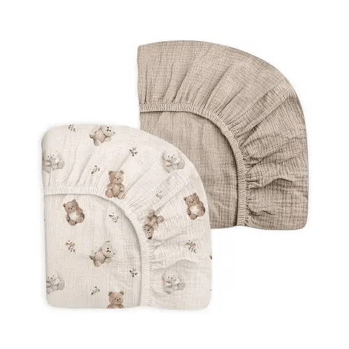 Mini Crib Sheets for Baby Boy Girl 2 Pack, Neutral Mini Crib Mattress Sheet 24" x 38", Muslin Nursery Bedding Soft and Breathable Comfort (Teddy & Friends)