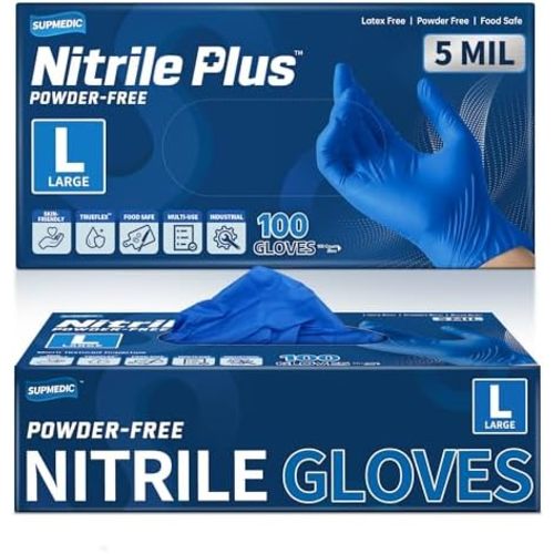 Nitrile+ Disposable Gloves, 5Mil Chemical Resistant Powder-Free Latex-Free Glove Exam Cook Tattoo, Black Blue 100Pcs