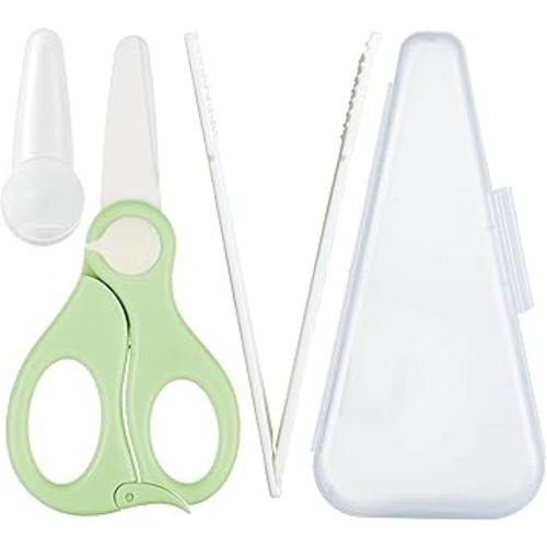 Baby Food Scissors with Travel Case and Tongs Set, Fully Detachable Ceramic Kids Food Scissors with Safety Lock, Dishwasher Safe, Ideal for Noodles, Meats, Vegetables, Pizza and Fruits (A)