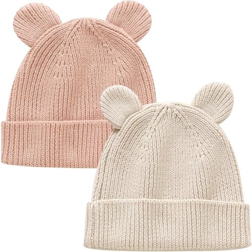 Hadetoto Cotton Baby Beanie Winter Knitted Hat, 2 Pack